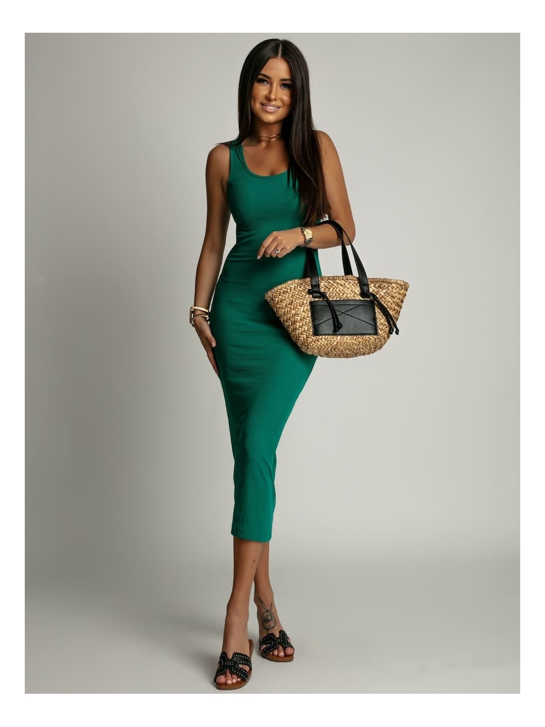 Fitted midi dress with straps - Green - Online store - Boutique